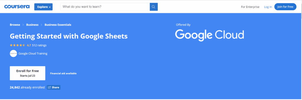 Free Google Sheets Coursera