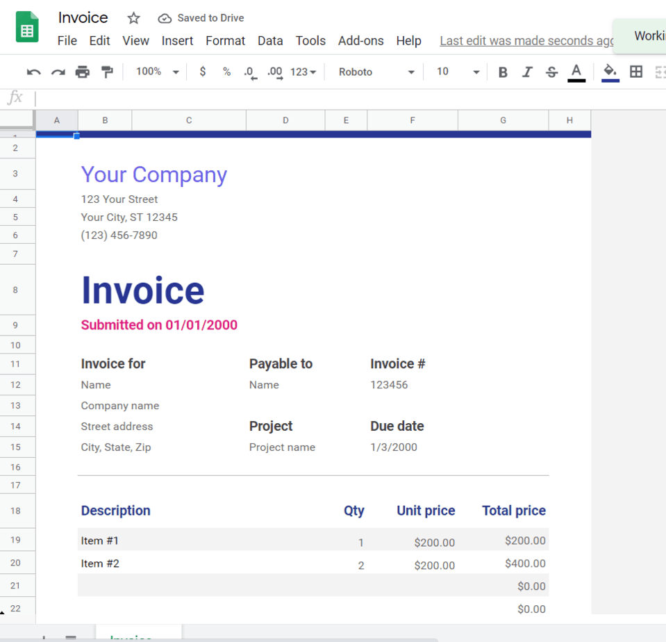 Invoice Template Google Sheets
